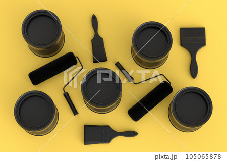 Set of metal cans or buckets with paint rollers and brushes on monochrome. Set of metal cans or buckets with paint rollers and brushes on monochrome. 105065878
