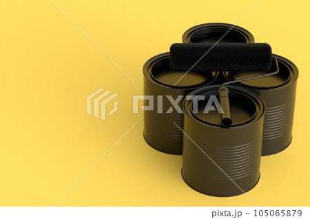 Set of metal cans or buckets with paint roller and brush on monochrome. Set of metal cans or buckets with paint roller and brush on monochrome. 105065879