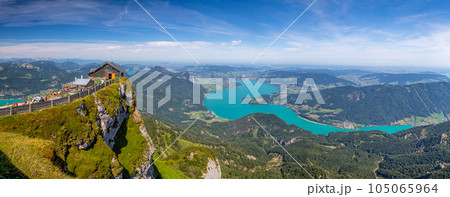 panoramic view from the top of Mount Schafberg over the landscape with mountains and Lake Mondsee, Alps, Austria 105065964