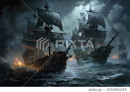 Painted sailing sheeps in storm. Illustration AI Generative 105066284