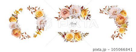 Elegant, floral autumn wreath frame set. Vector fall watercolor yellow rose flowers, cream dahlia, burgundy red, orange eucalyptus leaves, branch bouquet illustration. Editable wedding invite template Elegant, floral autumn wreath frame set. Vector fall watercolor yellow rose flowers, cream dahlia, burgundy red, orange eucalyptus leaves, branch bouquet illustration. Editable wedding invite template 105066841