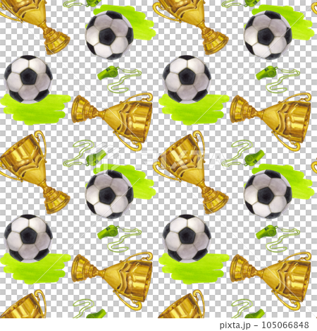 Seamless pattern golden winner cup trophy, soccer ball, whistle, victory, prize. Hand draw watercolor illustration isolated on white background. Textile, print, wrapping paper 105066848