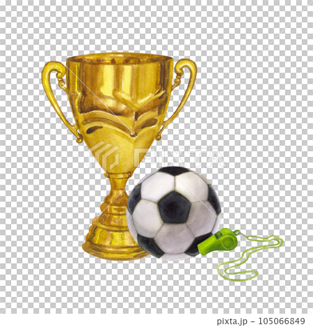 Golden winner cup trophy, soccer ball, whistle, victory, prize. Hand draw watercolor illustration isolated on white background. Competition, sport, logo 105066849