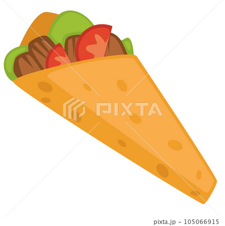 Kebab or burrito wrap with meat and tomatoes cuts 105066915