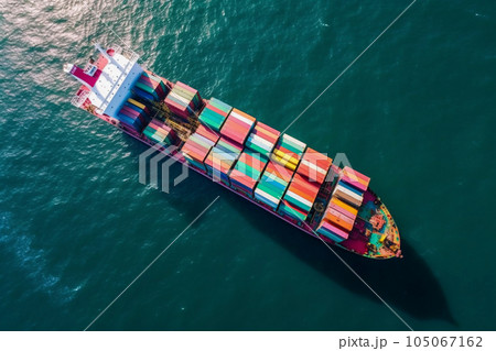 Container ship aerial drone view, sea freight business logistics, export and import, shipping cargo boat transpor. 105067162