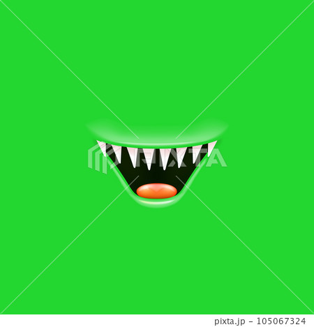 Vector Cartoon open mouth with fangs isolated on green background. Funny and cute green funny Halloween Monster open mouth with big vampire fangs. jaws and mouth of the beast cartoon illustration 105067324