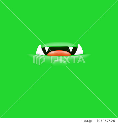 Vector Cartoon open mouth with fangs isolated on green background. Funny and cute green funny Halloween Monster open mouth with big vampire fangs. jaws and mouth of the beast cartoon illustration 105067326