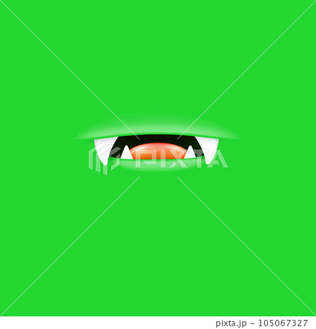 Vector Cartoon open mouth with fangs isolated on green background. Funny and cute green funny Halloween Monster open mouth with big vampire fangs. jaws and mouth of the beast cartoon illustration 105067327