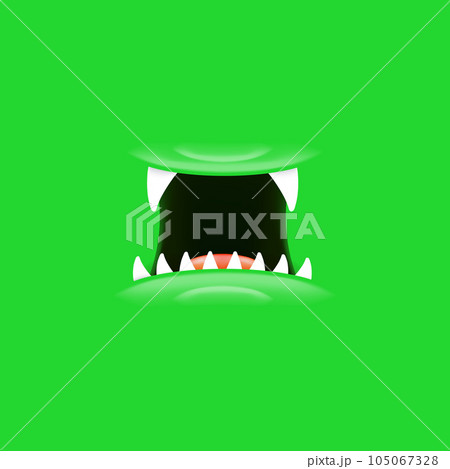 Vector Cartoon open mouth with fangs isolated on green background. Funny and cute green funny Halloween Monster open mouth with big vampire fangs. jaws and mouth of the beast cartoon illustration 105067328