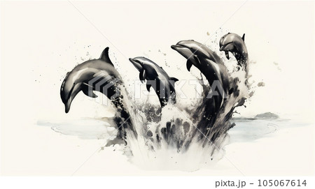 Generative AI, Graceful Leaps: Watercolor Drawing of Dolphins in Mid-Air Generative AI, Graceful Leaps: Watercolor Drawing of Dolphins in Mid-Air 105067614