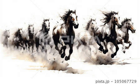 Generative AI, Unbridled Freedom: Watercolor Drawing of a Herd of Wild Horses Generative AI, Unbridled Freedom: Watercolor Drawing of a Herd of Wild Horses 105067729