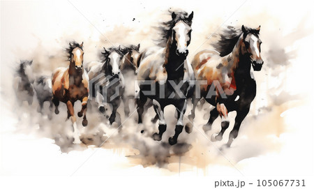 Generative AI, Unbridled Freedom: Watercolor Drawing of a Herd of Wild Horses 105067731