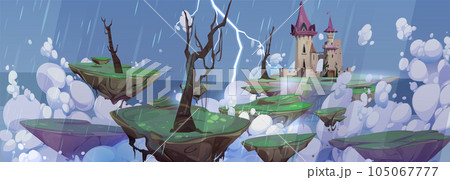 Cartoon rain game background with fantasy castle 105067777