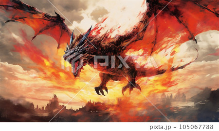 Generative AI, Ethereal Flight: Majestic Dragon Soaring Amidst a Vibrant Sunset Generative AI, Ethereal Flight: Majestic Dragon Soaring Amidst a Vibrant Sunset 105067788