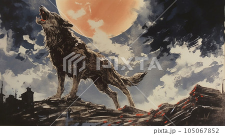 Generative AI, A majestic wolf howling at the moon against a night sky 105067852