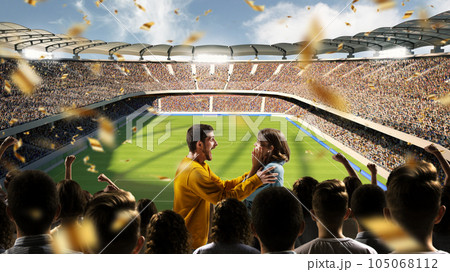 Backview, couple rejoices at victory of favourite command in championship against backdrop of confetti, 3d model. Concept of sport, emotions, games, friendship, unity, team, cheer and goals. Backview, couple rejoices at victory of favourite command in championship against backdrop of confetti, 3d model. Concept of sport, emotions, games, friendship, unity, team, cheer and goals. 105068112