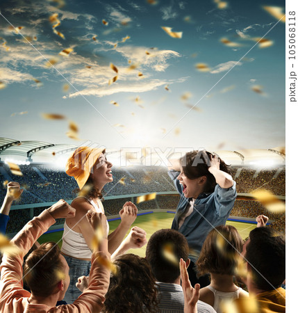 Excited women chanting name of team raising one hand over evening sport arena, 3d model. Concept of sport, emotions, games, tour. Excited women chanting name of team raising one hand over evening sport arena, 3d model. Concept of sport, emotions, games, tour. 105068118
