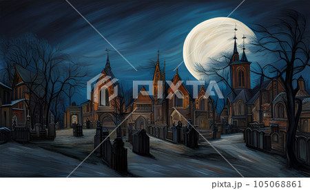 Graveyard and church by night - Generative AI 105068861