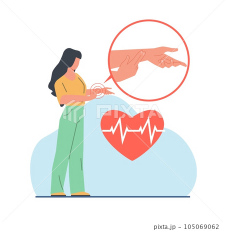 Young girl takes her pulse on her arm. Self diagnostic and monitoring symptoms. Measuring heart pulsation. Increased heart rate due to sports and stress. Cartoon flat isolateed vector concept 105069062