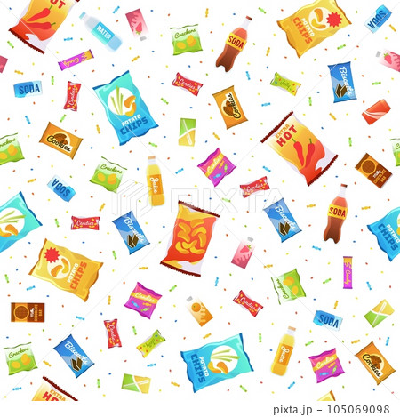 Seamless pattern with sweet drinks and candy. Soda water, chips in packet and cracker. Vending machine background. Decor textile, wrapping paper, wallpaper design. Vector concept Seamless pattern with sweet drinks and candy. Soda water, chips in packet and cracker. Vending machine background. Decor textile, wrapping paper, wallpaper design. Vector concept 105069098