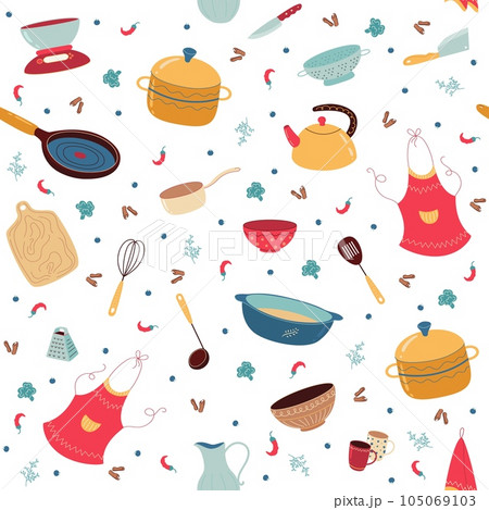 Seamless pattern with kitchen items. Gastronomy culinary equipment isolated elements. Cooking utensils. Decor textile, wrapping paper, wallpaper design. Vector cartoon flat concept 105069103