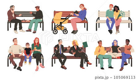 Persons sit on bench. Different people relaxing in park, outdoor wooden seating, chess players, young mother with stroller, romantic couple, parents with child and businessmen, tidy vector set 105069113