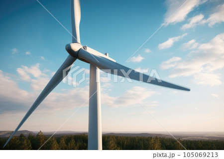wind turbine in the midst of a wind farm, with the blades spinning and generating electricity, created with generative ai 105069213