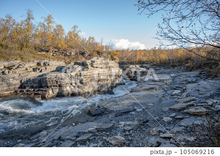 Autum Abisko Canyon River Abiskojakka National Park, Norrbottens, Norrbottens Lapland landscape north of Sweden Autum Abisko Canyon River Abiskojakka National Park, Norrbottens, Norrbottens Lapland landscape north of Sweden 105069216