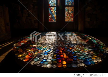 stained glass window, with sunlight streaming through, illuminating mosaic of colorful stones, created with generative ai stained glass window, with sunlight streaming through, illuminating mosaic of colorful stones, created with generative ai 105069258