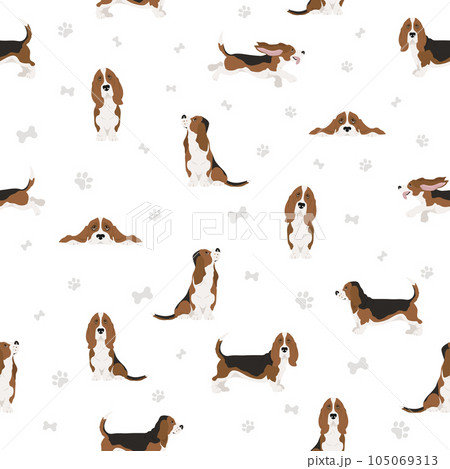 Basset hound seamess pattern. Different coat colors and poses set. 105069313