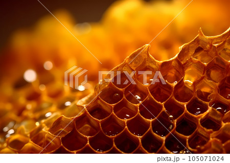 Ultra close-up honeycomb background. Apiculture banner. Generative AI 105071024