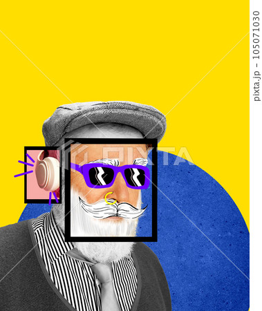 Contemporary art collage. Stylish hipster. Senior man with dowels over yellow blue background. Youth spirit 105071030