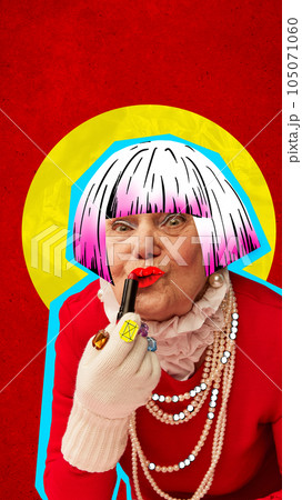 Contemporary art collage. Senior woman painting lips with red lipstick wearing elegant red dress and pearl necklaces. 105071060
