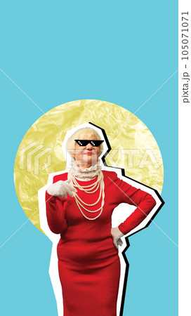 Contemporary art collage. Beautful senior woman standing in elegant red dress and pixel galsses ovre blue background Contemporary art collage. Beautful senior woman standing in elegant red dress and pixel galsses ovre blue background 105071071