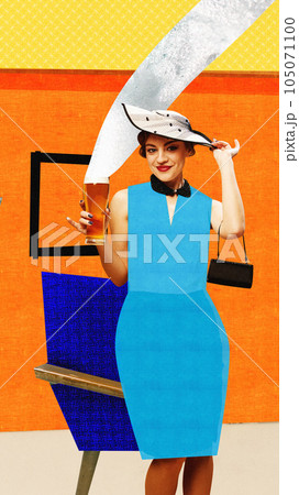 Contemporary art collage with young elegant woman with beer. Concept of drinks, alcohol, Oktoberfest, festivals, vacation, party Contemporary art collage with young elegant woman with beer. Concept of drinks, alcohol, Oktoberfest, festivals, vacation, party 105071100