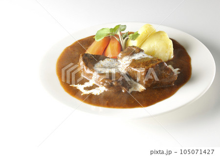 クレソン、人参、ジャガイモの付け合わせと生クリームがけ厚切り牛タンの熱々ビーフシチューを白背景で撮影 クレソン、人参、ジャガイモの付け合わせと生クリームがけ厚切り牛タンの熱々ビーフシチューを白背景で撮影 105071427