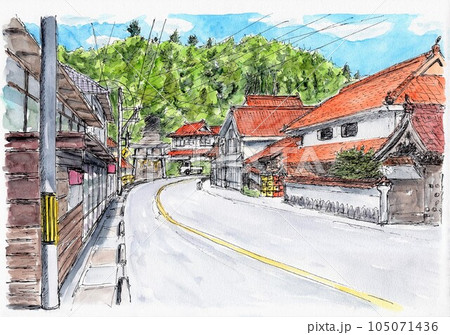 古くからある街道に面したレトロな町並み 105071436