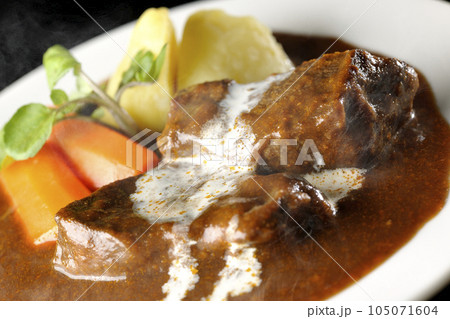 クレソン、人参、ジャガイモの付け合わせと生クリームがけ厚切り牛タンの熱々ビーフシチューを黒背景で撮影 105071604
