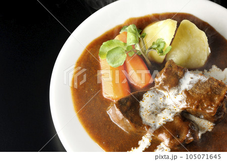クレソン、人参、ジャガイモと生クリームがけ厚切り牛タンの熱々ビーフシチューを黒背景で俯瞰撮影 105071645