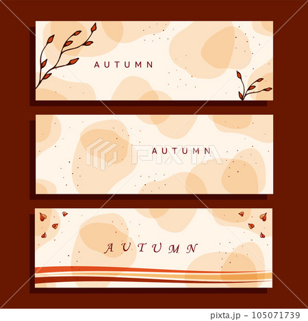 Set three autumn horizontal banners. Vector illustration. Falling leaves, dots, transparent shapes. 105071739