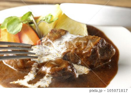 クレソン、人参、ジャガイモと生クリームがけ厚切り牛タンの熱々ビーフシチューとナイフとフォーク 105071817