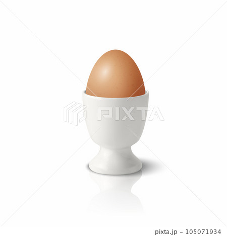Vector 3d Realistic White and Brown Chicken Eggs in a White Ceramic, Porcelain Boiled Egg Cup Holder, Stand for Breakfast. Chicken Egg Icon, Isolated, Front View 105071934