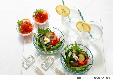 夏野菜の揚げ浸し 夏野菜の揚げびたし 冷やしトマトのポン酢ジュレ 夏野菜の揚げ浸し 夏野菜の揚げびたし 冷やしトマトのポン酢ジュレ 105072164
