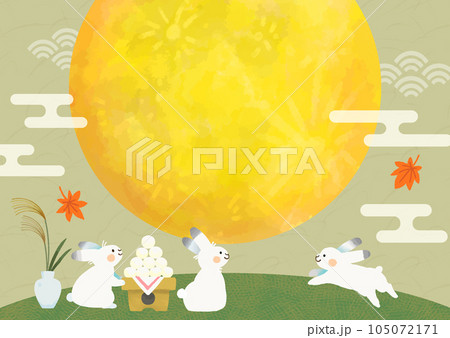 手描きの可愛い月見をしているうさぎのフレーム（緑）（大きな月） 105072171