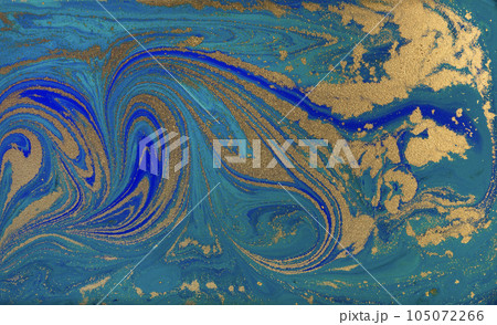 Marbled Blue Abstract Background. Liquid Marble Pattern with Gold Powder. Marbled Blue Abstract Background. Liquid Marble Pattern with Gold Powder. 105072266