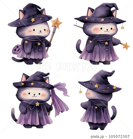 watercolor cute halloween cat, cat witch watercolor cute halloween cat, cat witch 105072307