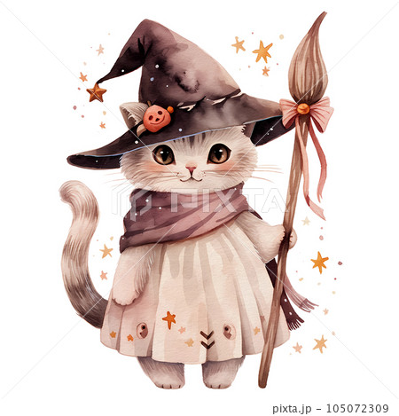 watercolor cute halloween cat, cat witch 105072309