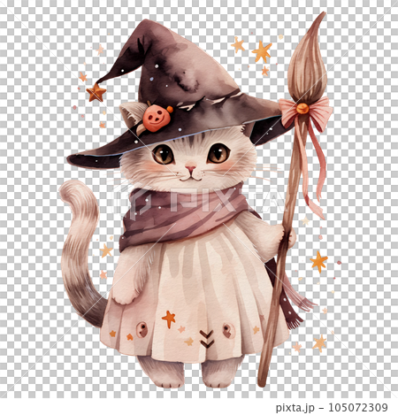 watercolor cute halloween cat, cat witch 105072309