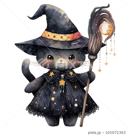 watercolor cute halloween cat, cat witch 105072363