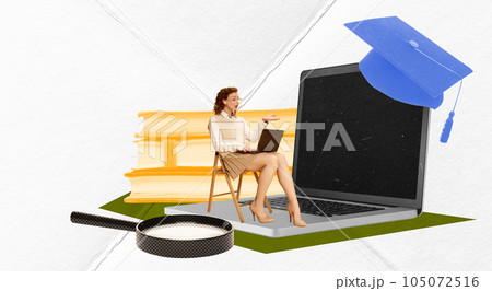 Contemporary art collage. Young woman, student sitting on chair and passing exam via laptop. Online lessons 105072516